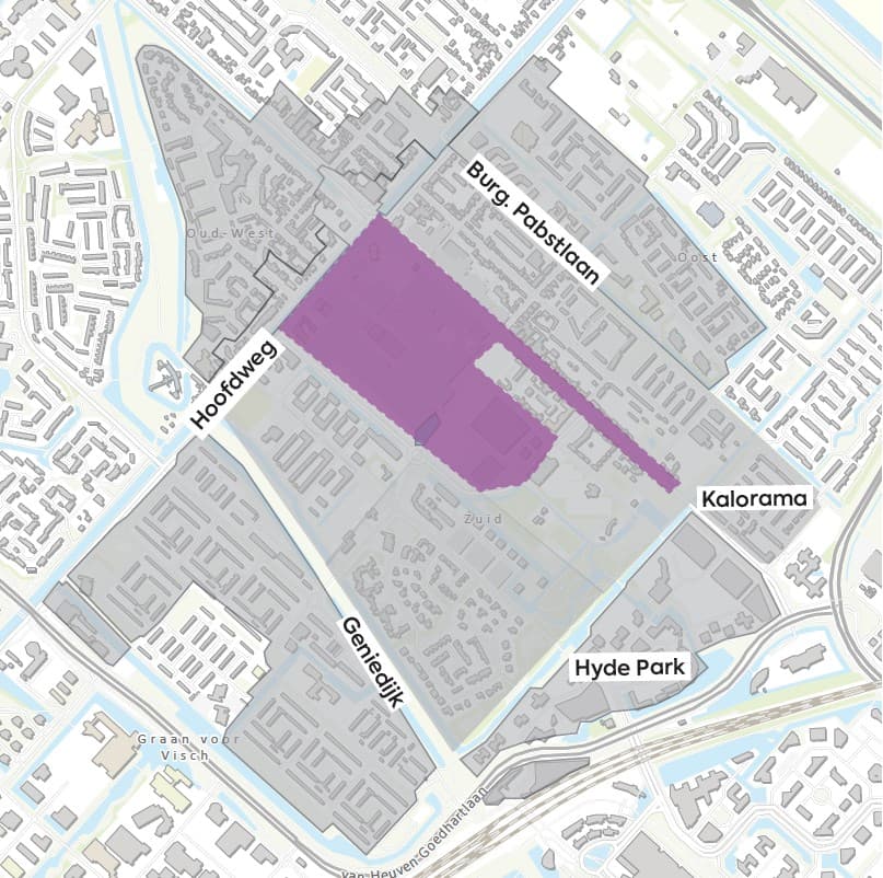 Plattegrond van Stadscentrum Hoofddorp met het gebied waar bewoners geen nieuwe tweede parkeervergunning kunnen krijgen
