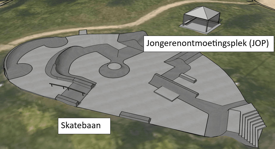 Tekening van de skatebaan met rechtsboven, naast de skatebaan, de plek waar een overdekte jongerenontmoetingsplek (JOP) staat.