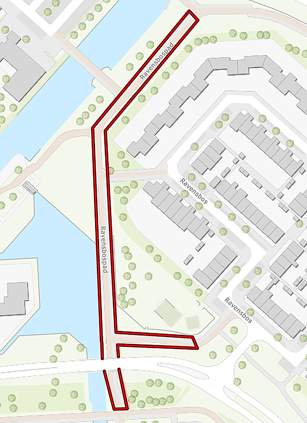 Plattegrond van werkgebied Ravensbospad in Hoofddorp. Het werkgebied is rood omlijnd.