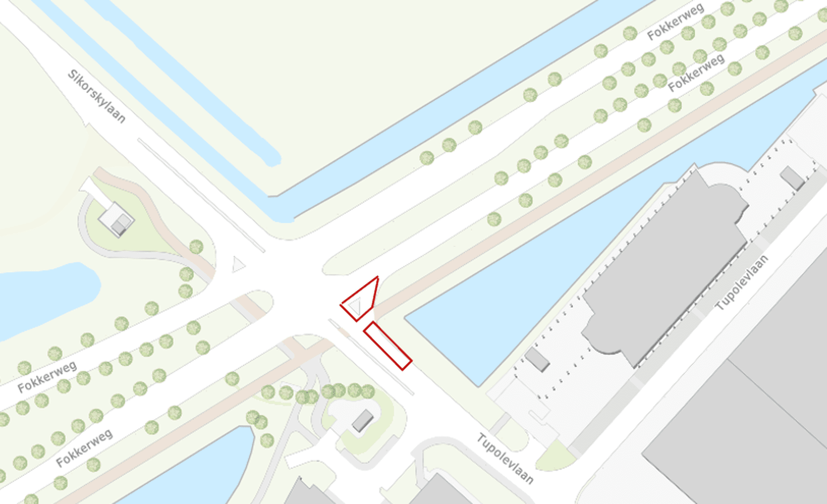Plattegrond van het kruispunt Fokkerweg en Tupolevlaan in Schiphol-Rijk. De werkgebieden zijn rood omlijnd.