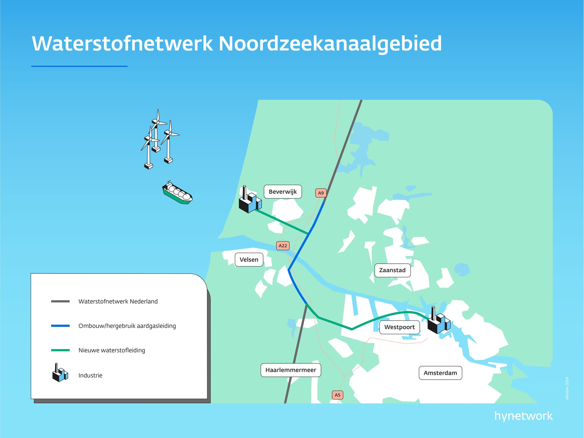 Waterstofnetwerk Noordzeekanaalgebied kaart ingezoomd