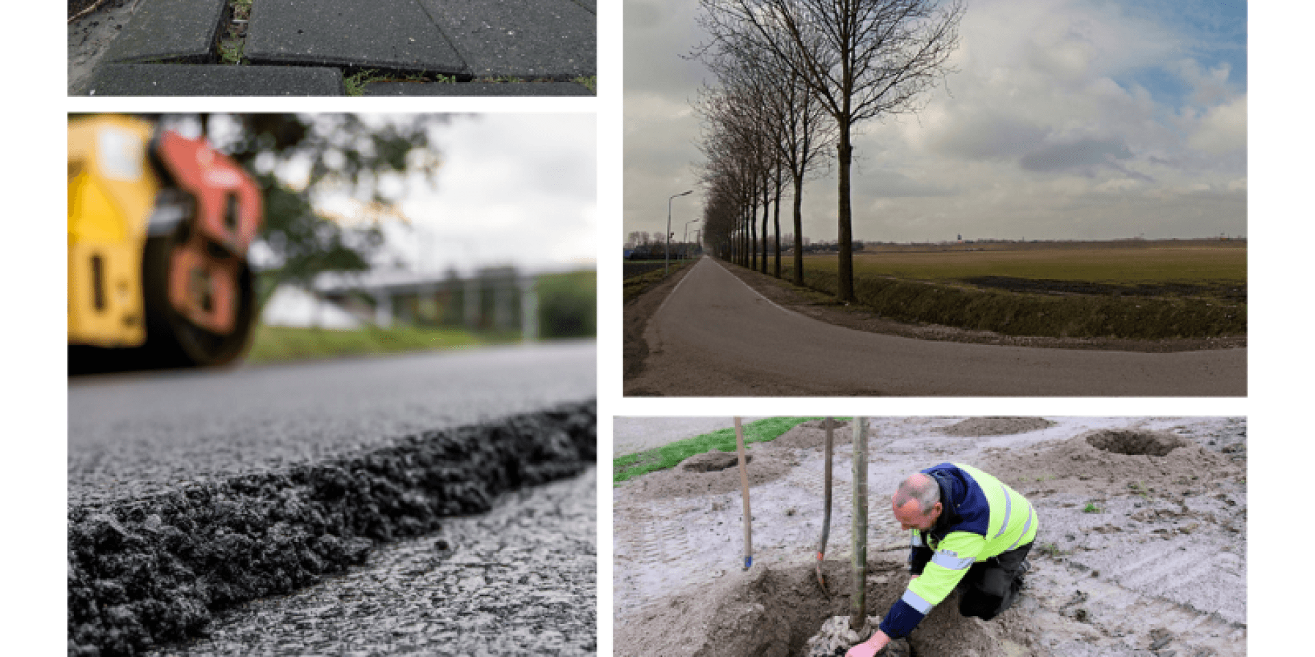Collage van 4 foto's: scheve stoeptegels, nieuw  asfalt, het planten van een boom en een weg met jonge bomen erlangs.