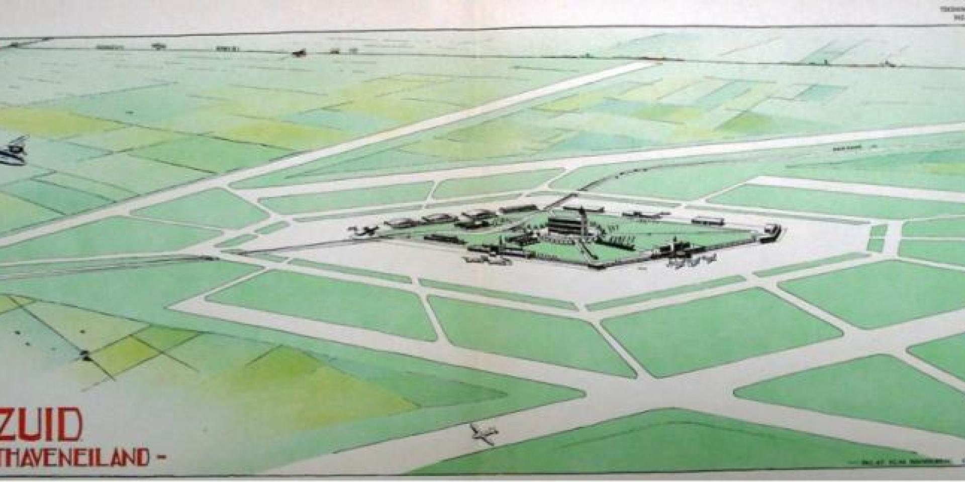 Artist impression van het plan Burgerveen in 1948 als centrale luchthaven met Schiphol in de rol als overloopluchthaven.