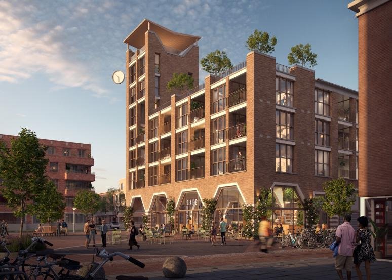 Afbeelding door HBB Groep: indruk van het Marktgebouw vanaf de Elemastraat, schetsontwerp mei 2023. Aan de afbeelding kunnen geen rechten worden ontleend. 