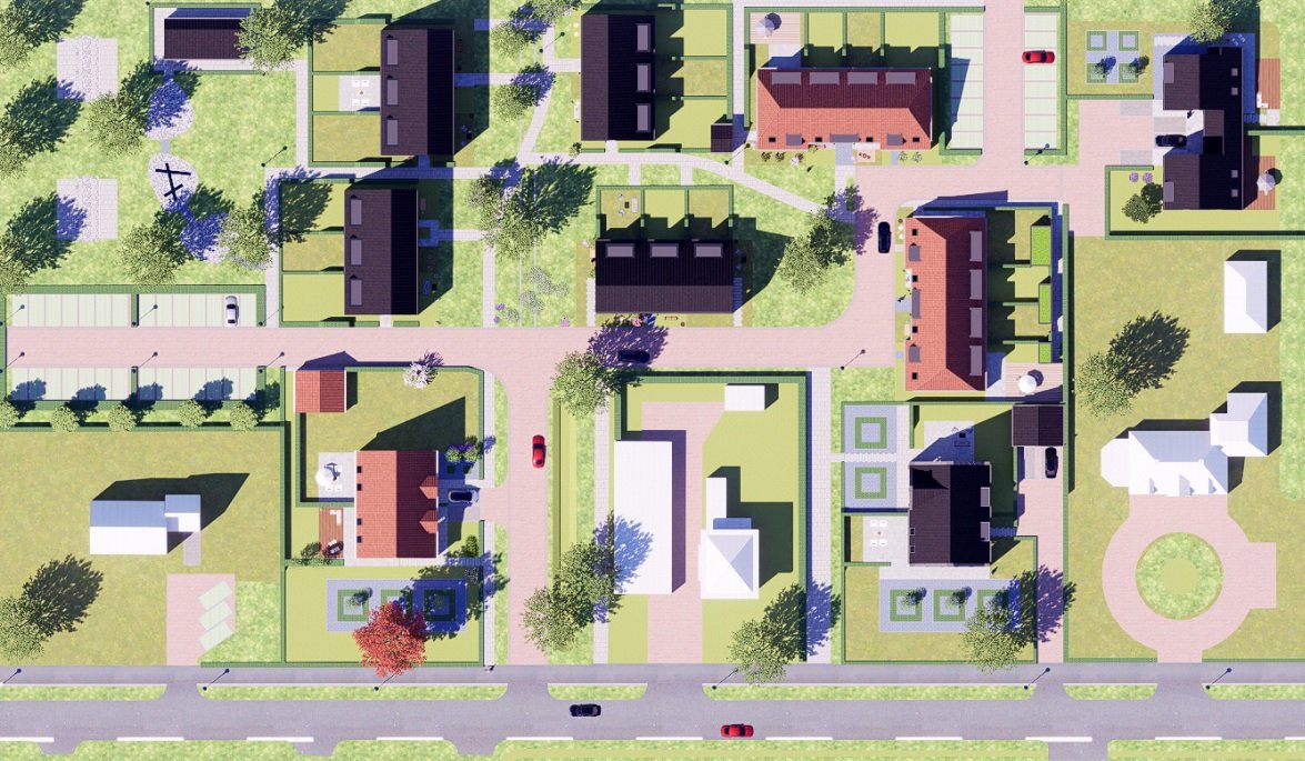 Soort maquette van bovenaf gezien met de woningen