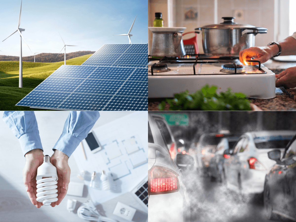 Een collage van vier foto's: zonnepanelen, gasfornuis, spaarlamp en uitlaatgassen van auto's.