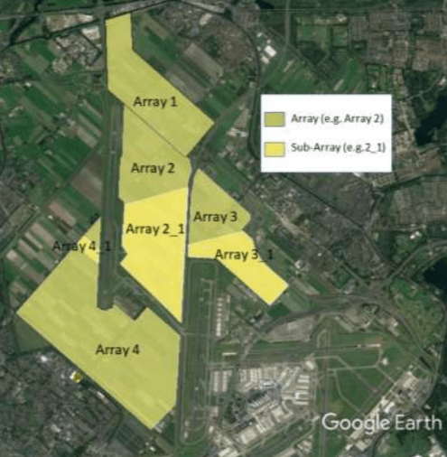 Figuur 1: Overzicht verschillende Arrays rondom Schiphol, uit het rapport van To70. To70 adviseerde om geen zonnepanelen in Array 2_1 en 4_1 te plaatsen