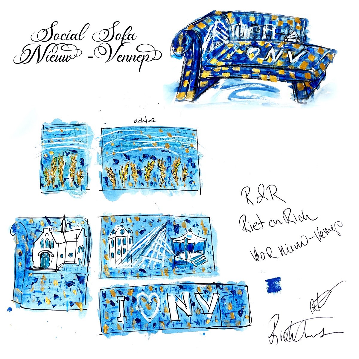 Een schets van het ontwerp voor de Social Sofa door Riet Vermeulen en Rick Triest