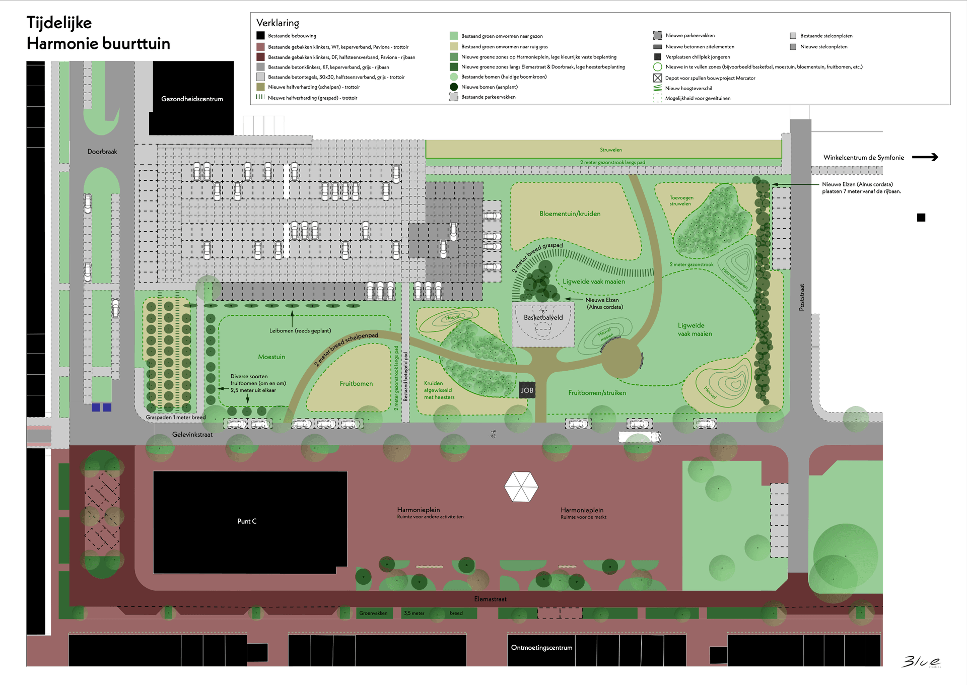 Plattegrond van het tijdelijke nieuwe groen en het basketbalveldje in de Nieuwe Kom.