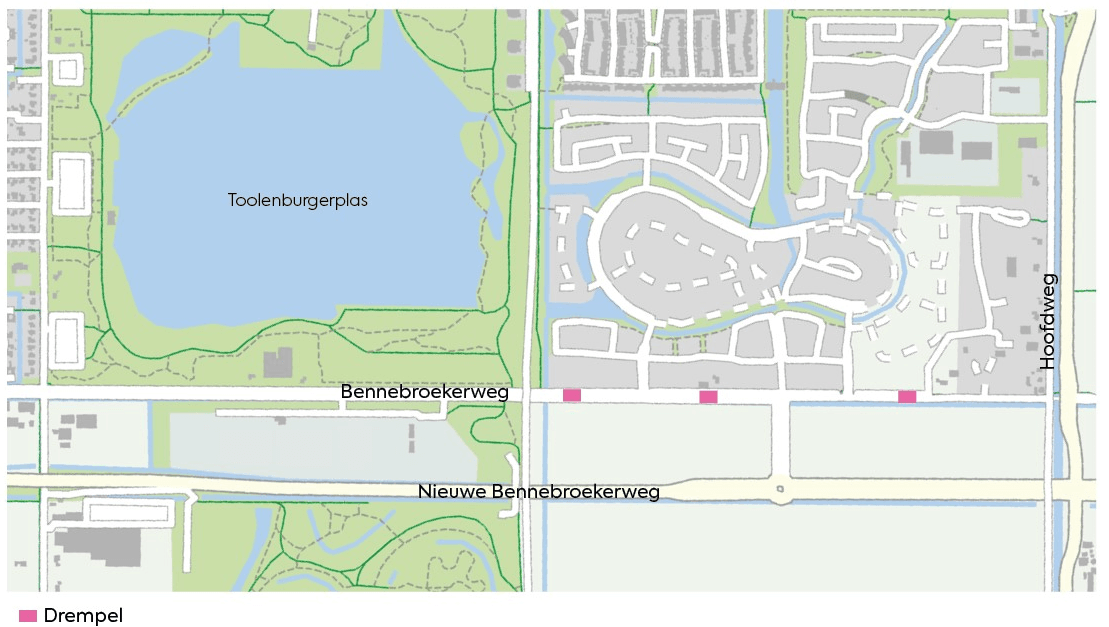 Kaartje waarop de drie drempels in de Bennebroekerweg zijn aangegeven