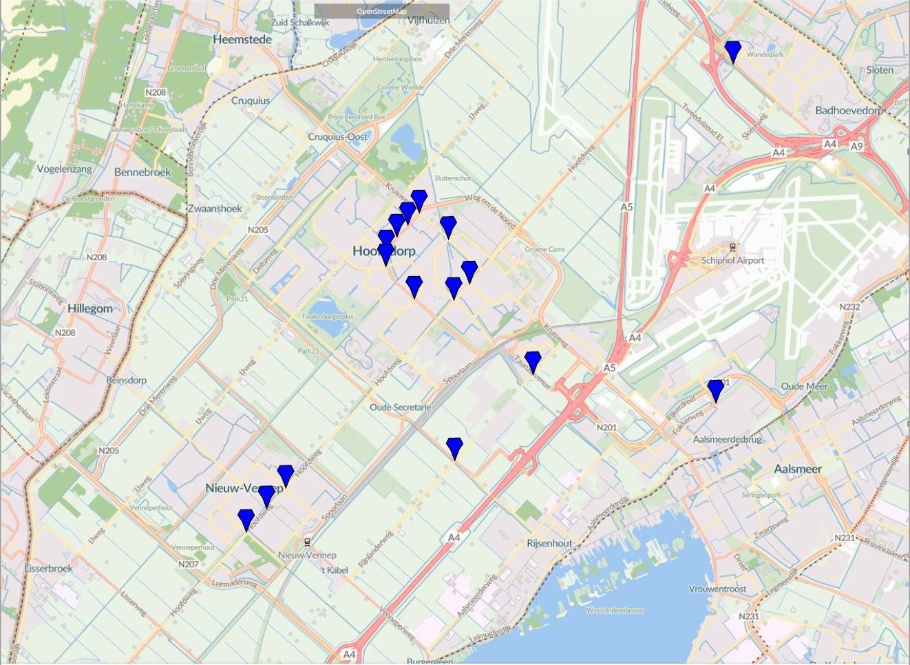 Het kaartje geeft aan op welke kruispunten de app werkt