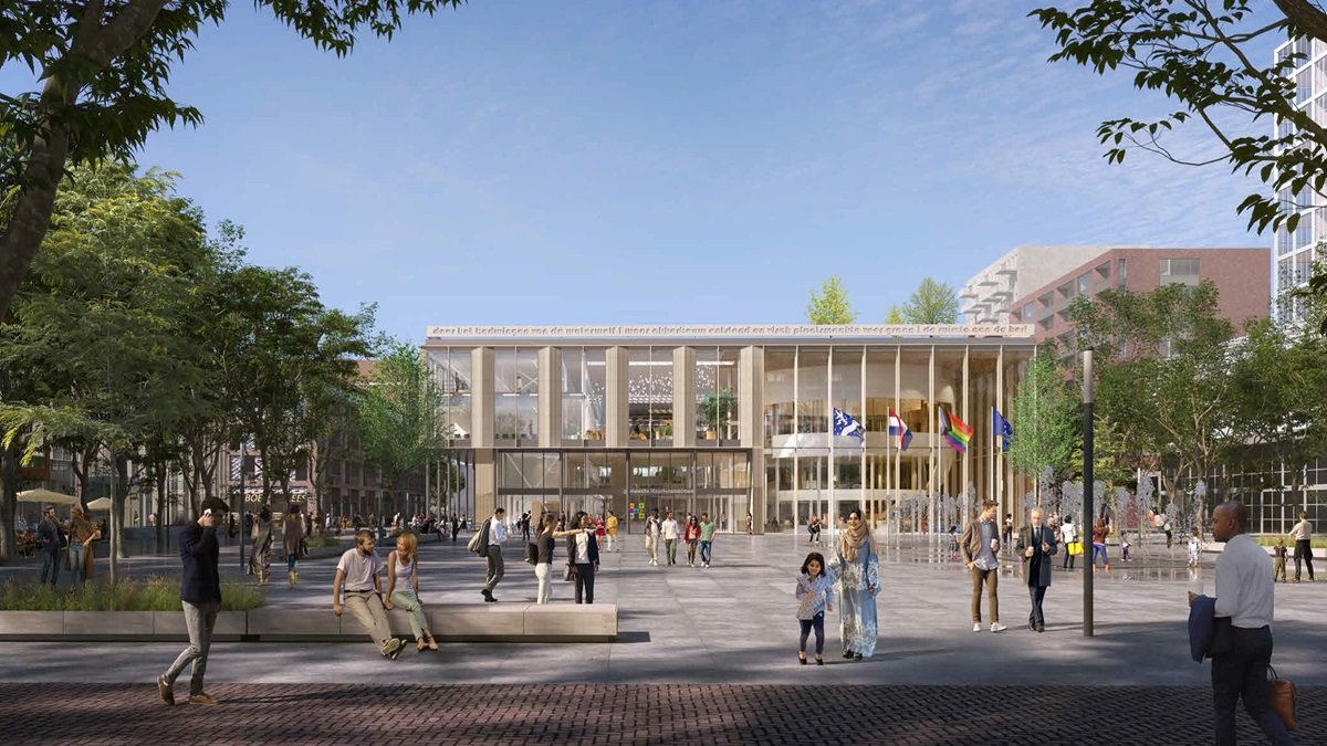 Vooraanzicht van het nieuwe gemeentehuis