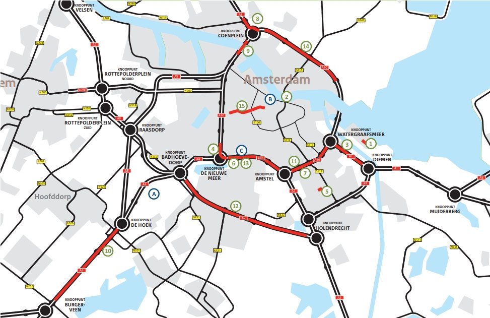 Een kaart van de verkeershinder in en rond Amsterdam.